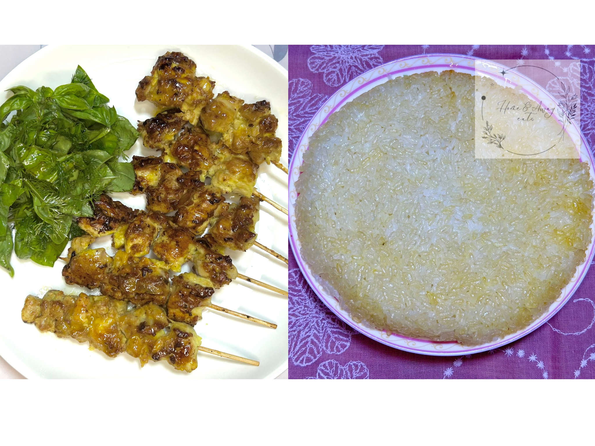 Persian Tahdig rice with crispy crust and juicy Joojeh Kebab, served as a flavorful combo.