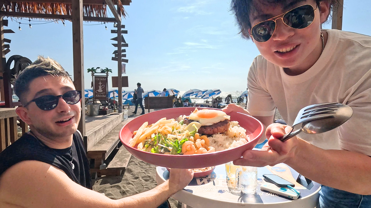 My Italian best friend and I enjoying a Loco Moco plate at Zushi Beach with egg, rice, and gravy